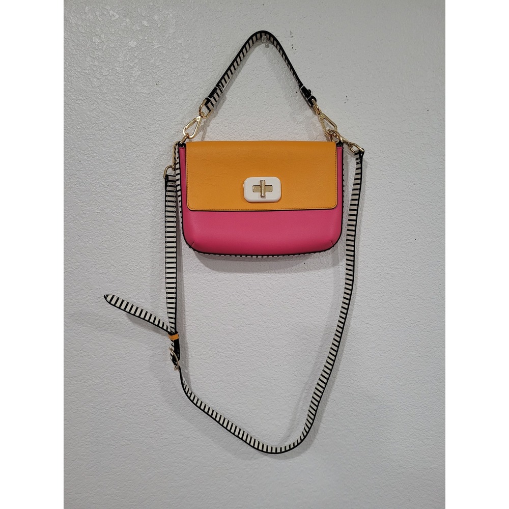 LDT Pink Orange Colorblock Leather Crossbody Bag Striped Strap Purse Handbag #5‎